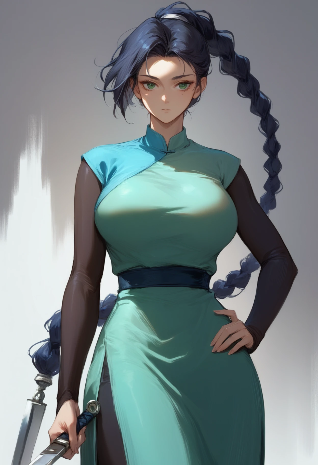 score_9,score_8_up,score_7_up,source_anime,
meihuashisan,1girl,very long hair,green eyes,braided ponytail,bodysuit, dress,dagger tied to hair, 

(huge breasts), mature female,expressionless,curvy,  cowboy shot, 