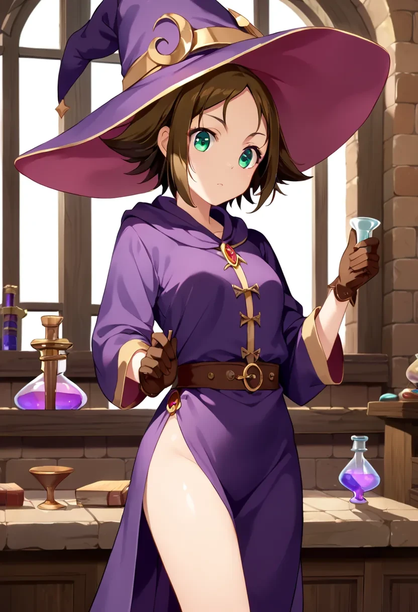 score_9, score_8_up, score_7_up, score_6_up,

1girl, solo,

Osono, short hair, brown hair, green eyes, flipped hair,

wizard, wizard hat, robe, dress, long sleeves, gloves, indoors, bricks, potion, flask, vial, cowboy shot,