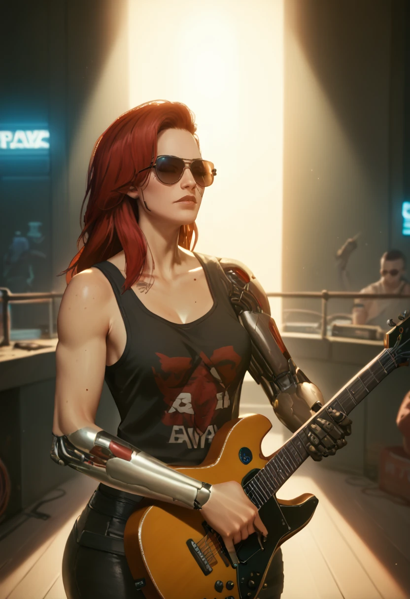 score_9, score_8_up, score_7_up, score_6_up,
sci-fi, neon, cyborg, prosthetic arm, 1girl, curvy, tank top, long hair, aviator sunglasses, stage, guitar, performance, solo focus, action, dramatic lighting, close-up <lora:PulenKompot-Cyberpunk 2077 Style-locon-PonyXL:1> cb2077, cyberpunk, science fiction