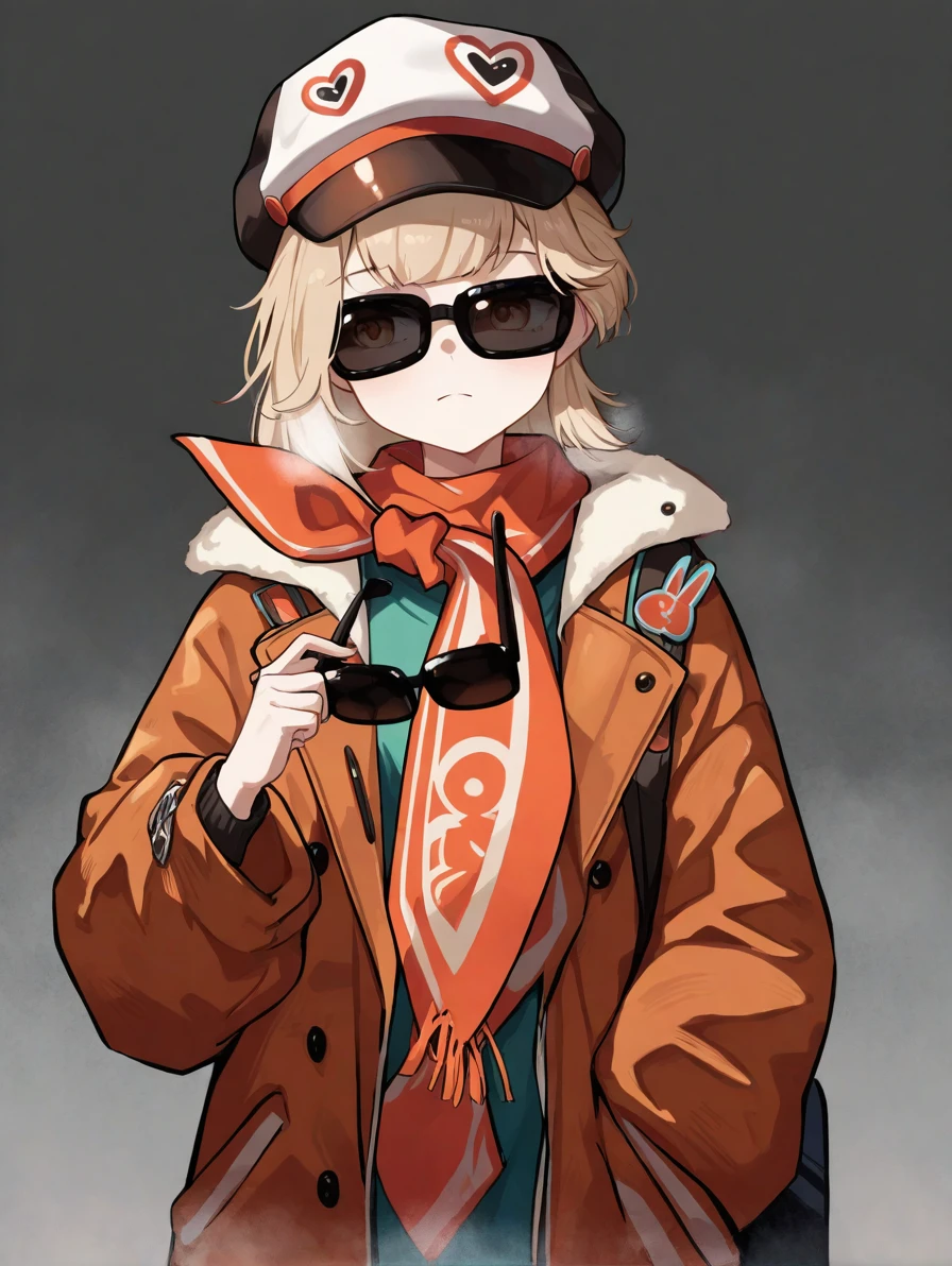 ,grey background,looking_at_viewer,1girl,regulus\\(reverse:1999\\),sunglasses,coat,scarf,hat, <lora:1999a:1>, masterpiece, best quality, very aesthetic, absurdres