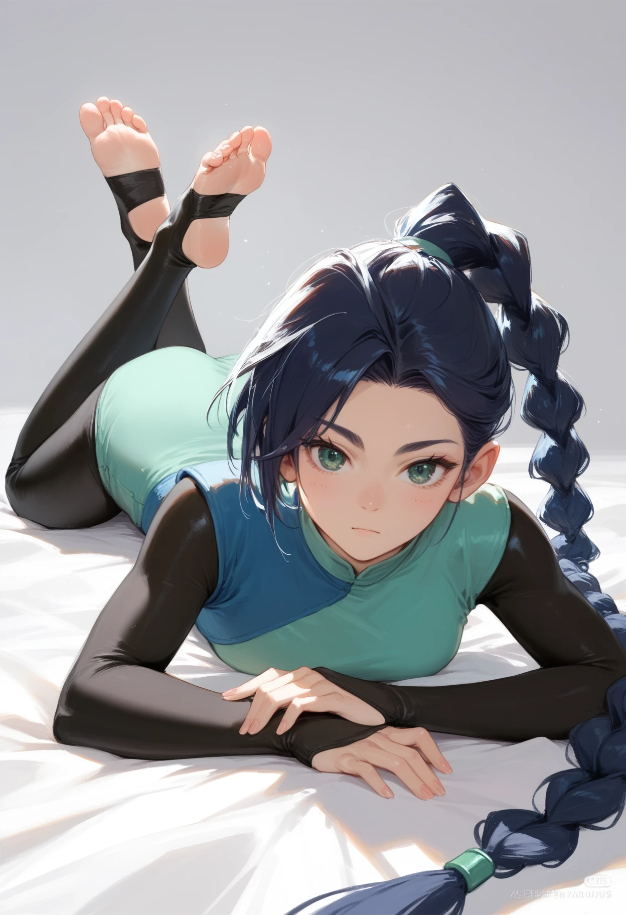 score_9,score_8_up,score_7_up,source_anime,
meihuashisan,1girl,very long hair,green eyes, braided single ponytail,bodysuit,on stomach, feet up, toeless legwear, 