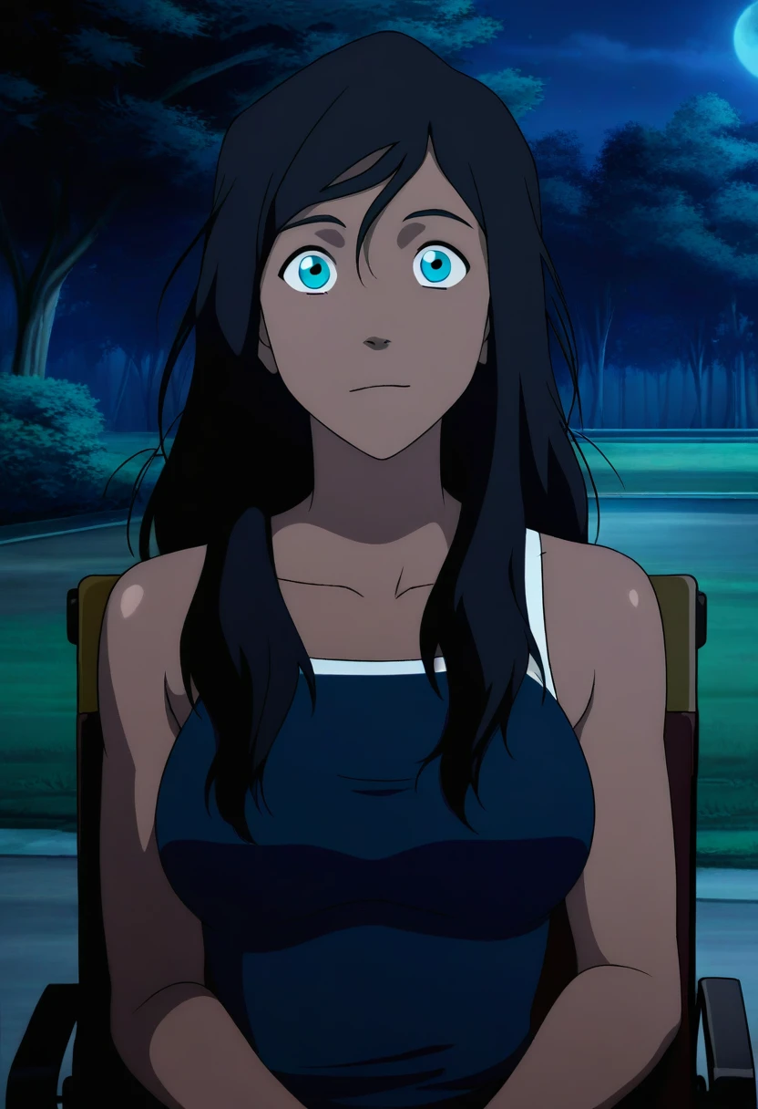 anime screencap,8k, absurd res, korra-v2, 1girl, solo, looking at viewer, long hair,messy hair, blue eyes,dark skin,sitting wheelchair,brown skin, outdoors, detailed background,bare shoulders, night,collarbone, upper body, shiny <lora:korra-v2 (6):1>