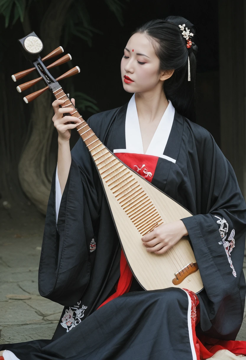 a asian woman wearing (hanfu:1.2) holding pipa and playing pipa, pipa,solo, (chinese clothes:1.2),black hair, pale skin, hair ornament, hair flower, flower, sitting, looking at viewer, long hair, long sleeves, black dress,
bare shoulders, plant, lips,beautiful hands,fingers
sitting ,makeup,red lips,forest background,bamboo, outdoors, waterfalls, streams, stones,moss ,<lora:pipa-pony:0.99>, <lora:dmd2_sdxl_4step_lora:1>