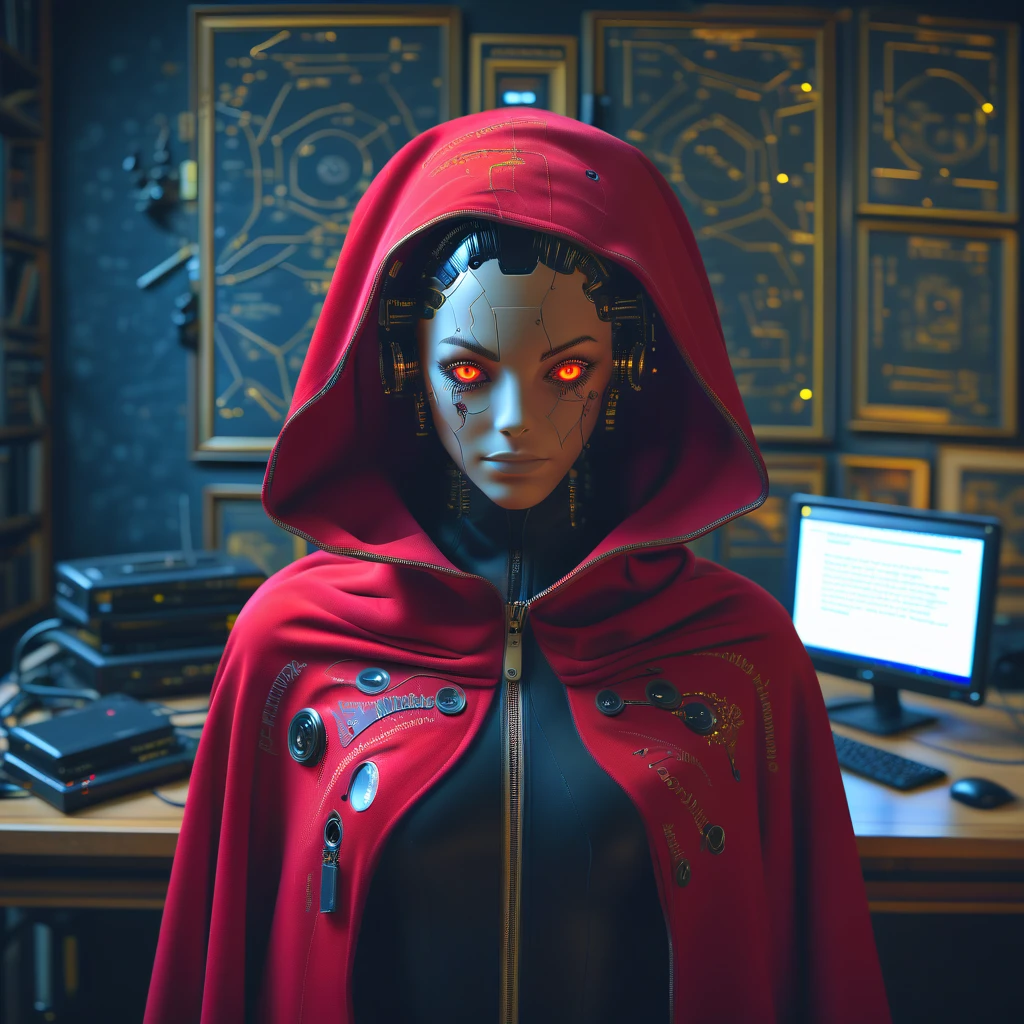 red cape, reflection, computer, broken, signature, zipper, cyberpunk, portrait, yellow eyes