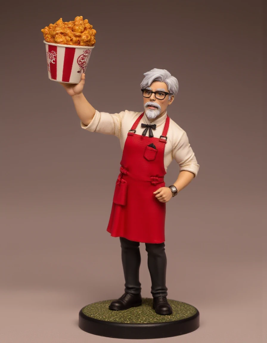 colonel-sanders, aidmaTableTopMiniatures, a figurine of colonel-sanders holding a bucket of KFC fried chicken in the air, wearing a white shirt under a red apron with black pants  <lora:colonel-sanders_000003800:0.8> <lora:aidmaTableTopMiniatures:1>