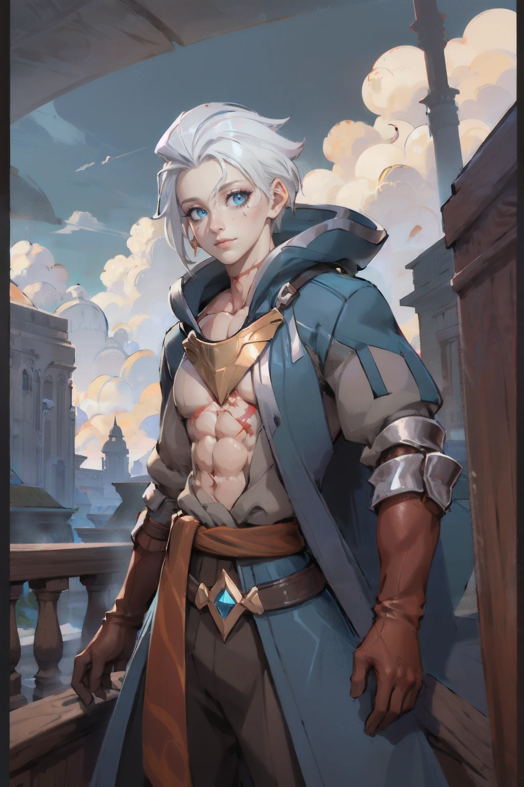 <lora:Allain_Default_AoV_Model_LoRA:0.8>, Allain_Default, 1boy, solo, short hair, grey hair, white hair, bangs, earrings, looking at viewer, male focus, blue eyes, closed mouth, scar, scar on face, collarbone, jacket, open clothes, gloves, brown gloves, belt, pants, brown pants, boots, brown footwear, sheath, sheathed
, outdoors, sky, day, cloud, blue sky, border, building, scenery, pillar, arch
, <lora:Muscle:1>, muscular, (Bodybuilder:1.2)
, sitting, upper body, best quality, ultra high res, (photorealistic:1.4), masterpiece, real life skin, hyper real