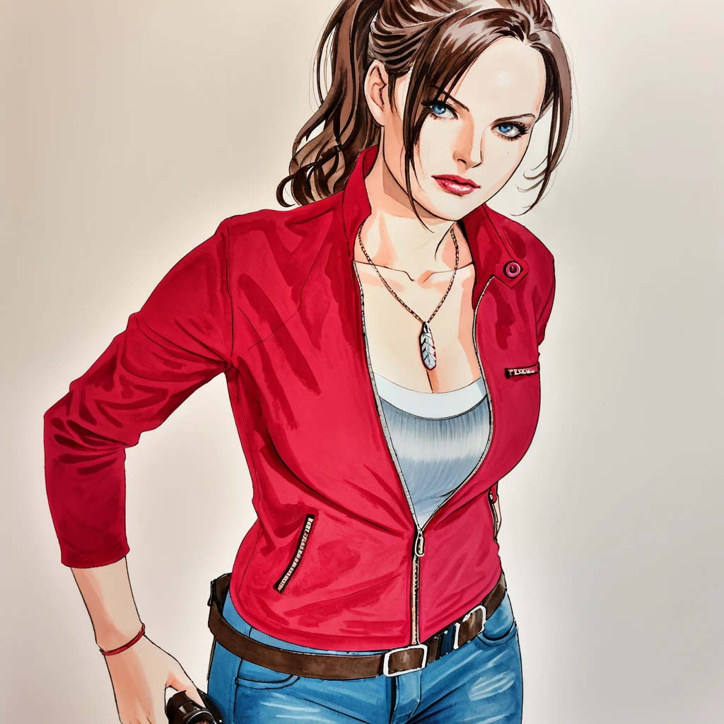 <lora:guillemmarch_pony_v1:1> score_9, guillemmarch_style, guillemmarc, source_artwork, traditional media  <lora:clairere2remake_pony_v1:.7> ClaireResidentEvil2Remake, 1girl, large breasts, denim, brown hair, belt, jewelry, red jacket, jeans, pants, ponytail, necklace, long hair, blue eyes, zipper, holster, cowboy shot