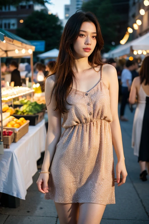 masterpiece, best quality, ultra-detailed, ultra high res, (photorealistic:1.4), raw photo, (realistic:0.2), 8k HDR, realistic cool temperature lighting, (asian:0.2), 1girl, solo, asymmetrical hair, outdoor, day, (traditional market:1.2), bokeh, (detailed lips), (detailed pores), (detailed skin textures), (detailed face:1.2), (full body:1.2), a woman in a sundress, promotional image, a character portrait, (thigh gap)