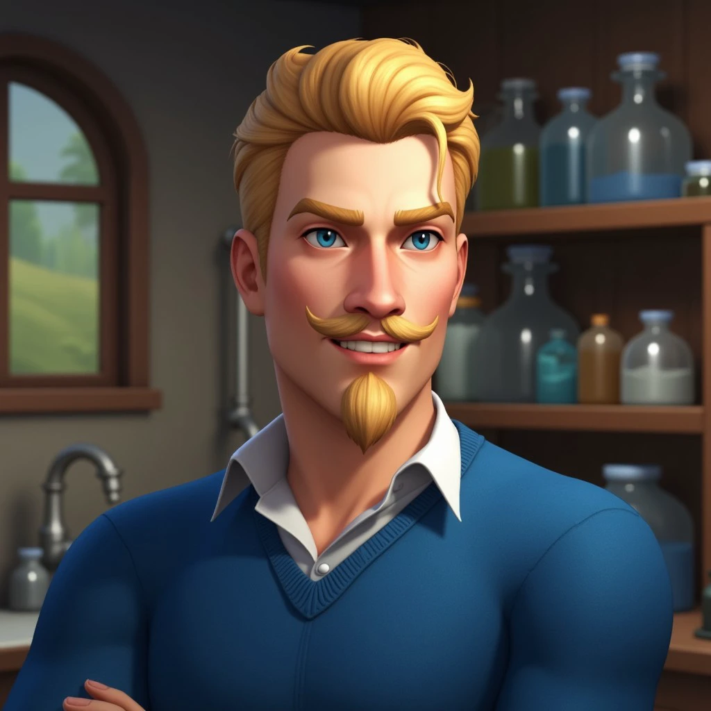 laboratory,indoors,portrait,1man, blonde hair, blue eyes, goatee, moustache, blue pullover, The Sims Medieval style