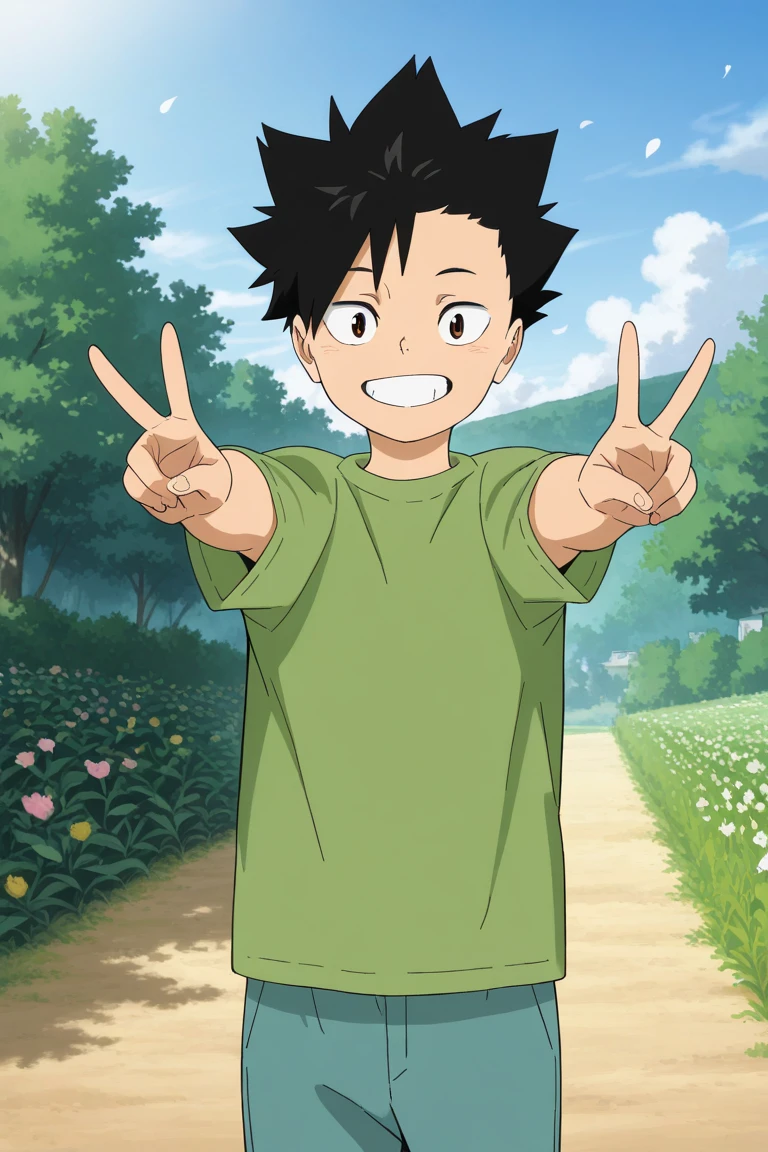 day, natural lighting, spring theme, flowers, petals, 2ndmale child focus, double v, looking at viewer, expressive face, ADKurooHU, black_ADKurooHU_spiked hair, brown_ADKurooHU_eyes, grin, teeth, smiling, shirt, pants, 2ndmale child, blurry outdoors, ghibli background, straight-on, dutch angle, intricately detailed illustration, masterpiece, best quality, amazing quality, very aesthetic, absurdres, newest