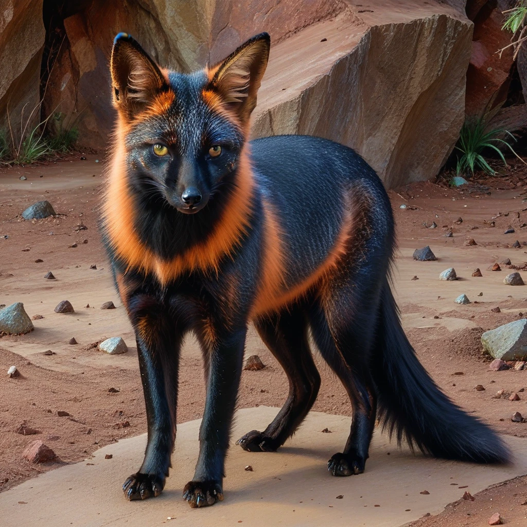 incredibly absurdres,solo,photorealistic,crossfox,black fur,black face:1.4,multicolored fur,feral,detailed background,looking at viewer,outdoors,standing on ground,<lora:Foxes_-_Multiple_Species:1>,