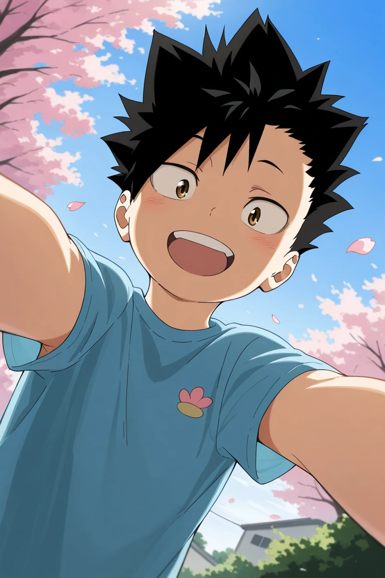 day, natural lighting, spring theme, flowers, petals, 2ndmale child focus, selfie, outstretched arms, looking down at viewer, expressive face, ADKurooHU, black_ADKurooHU_spiked hair, brown_ADKurooHU_eyes, open mouth, smiling, 2ndmale child, blurry outdoors, from below, dutch angle, intricately detailed illustration, masterpiece, best quality, amazing quality, very aesthetic, absurdres, newest