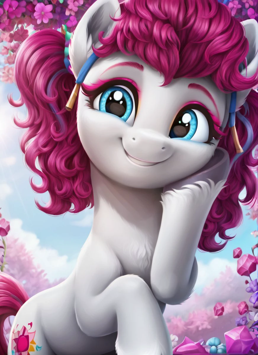 , score_9, score_8_up, score_7_up, score_6_up, score_5_up, score_4_up, rating_safe,  Snuzzle, Earth Pony, Body Color
White gray, Hair Color
Hot pink
((cute, little, fuzzy pony, fur)), (high quality, detailed, beautiful), shiny, adorable face, detailed beautiful eyes, diadema, sunlight, realistic, outstanding, countershading, detailed soft lighting, ear fluff, hoof on face, cinematic vintage photography
<lora:Wholesome_MLP-v1.2:1> <lora:mlp_g5 (1):1> <lora:Snuzzle:1>