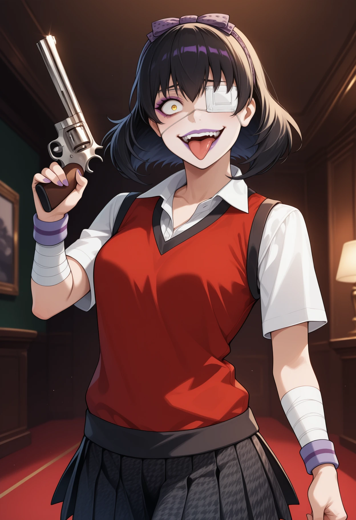 masterpiece, best quality, <break> solo, 1girl, ikishima midari, makeup, purple lips, crazy smile, open mouth, tongue out, looking at viewer, holding gun, revolver, short hair, black hair, hairband, yellow eyes, constricted pupils, medical eyepatch, school uniform, red sweater vest, white shirt, black skirt, pleated skirt, houndstooth, wristband, bandages, bandaged arm, indoors, casino
<segment:yolo-face_yolov8m.pt,0.4,0.5//cid=1>