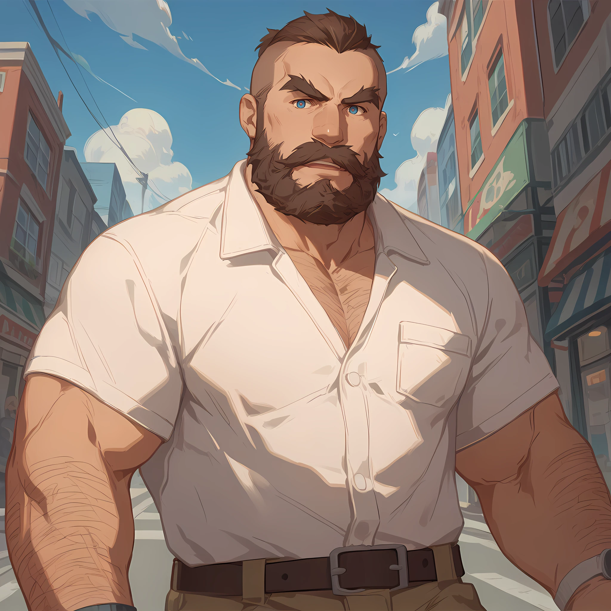 score_9, score_8_up, score_7_up, (source_anime), destroyernnk, facial hair, beard, mustache, hairy, hairy arms, solo, bara, human male, mature male, muscular male, casual outfit, white shirt, brown pants, detailed face, detailed eyes, blue eyes, big eyes, vibrant, city <lora:Destroyer_Ni_No_Kuni_Cross_Worlds-000012:0.8>