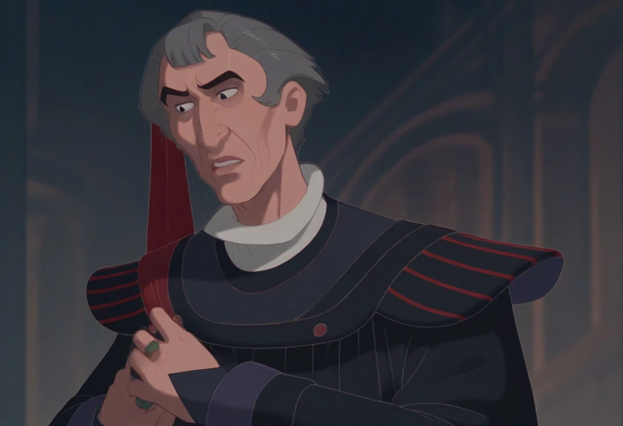 high angle, black outlines, dutch angle, masterpiece, best quality, score_9, score_8_up, score_7_up, score_6_up, score_5_up,  solo, claude_frollo, upper body, robe, old, grey hair