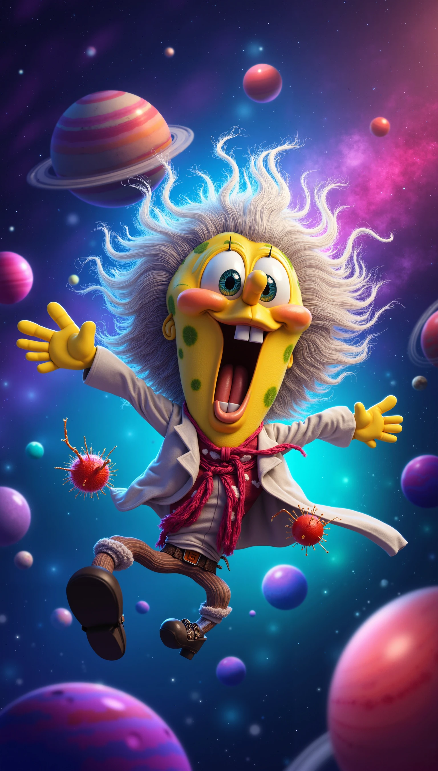 (dreamlikeart:1.3),splash art portrait colorful painting (chibi albert einstein:1.3), electrical aura, splashart, punk style, action figure, funkpopop, toy