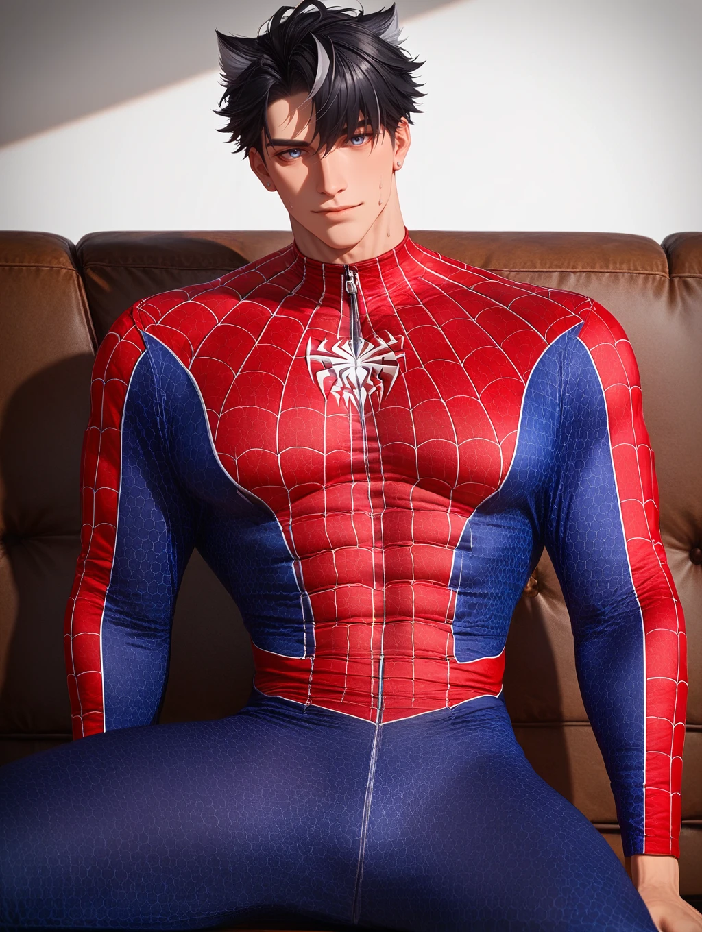 a beautiful ((young man)) spider man, 18 years old, ideal build, round soft buttocks, lies with his back up, arched in the lower back, raised his hips, revealing a beautiful perfect butt with round buttocks
