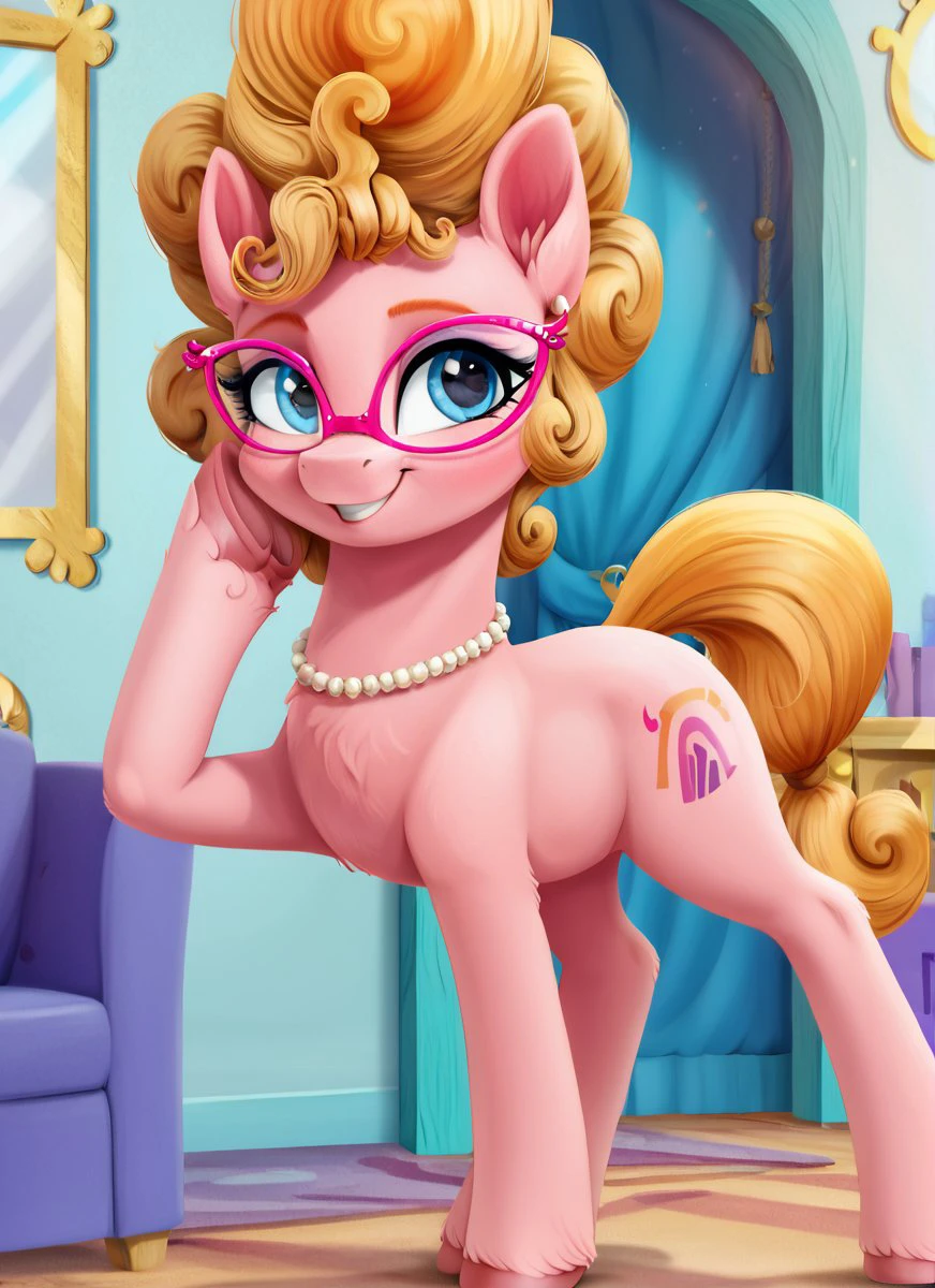 , score_9, score_8_up, score_7_up, score_6_up, score_5_up, score_4_up, rating_safe, <lora:Phyllis Cloverleaf:1> Phyllis Cloverleaf, glasses,
((cute, little, fuzzy pony, fur)), (high quality, detailed, beautiful), shiny, adorable face, detailed beautiful eyes, diadema, sunlight, realistic, outstanding, countershading, detailed soft lighting, ear fluff, hoof on face, cinematic vintage photography
<lora:Wholesome_MLP-v1.2:1> <lora:mlp_g5 (1):1>