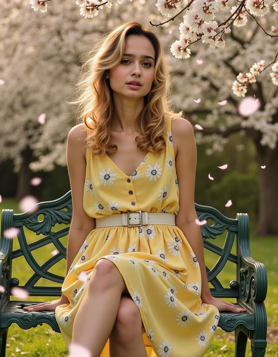 A cinematic photo of aimrox in a vintage 1970s style, set in a lush spring garden. She has soft, flowing hair, styled in loose curls, with a few strands gently blowing in the breeze. Her eyes are filled with a dreamy, contemplative expression. She wears a pastel yellow sundress with a floral pattern of daisies, cinched at the waist with a wide, white belt. The dress has a flowing, airy silhouette, reminiscent of the era's bohemian fashion. She is sitting on an ornate, wrought-iron bench, her legs crossed elegantly at the ankles, wearing white, strappy sandals. The background is a blur of blooming cherry blossoms, with petals falling softly around her, creating a serene, almost ethereal atmosphere. The lighting is soft and golden, mimicking the late afternoon sun filtering through the trees, giving the scene a warm, nostalgic feel. The photo has a slight grain and a faded, sun-bleached effect, enhancing the retro aesthetic.  <lora:aimee-rox:1>