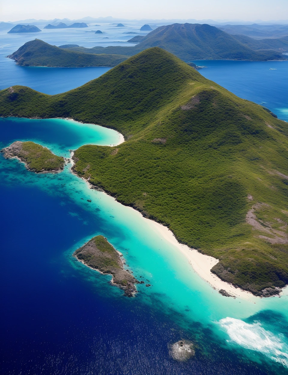 The image is an aerial view of planet earth with its continents in the middle of the ocean. The continents are surrounded by a vast expanse of blue water and is covered in green vegetation an mountains. The sky is filled with white clouds and the sun is shining brightly in the top right corner, creating a beautiful contrast with the bright blue sky. The ocean is a deep blue-green color and there are several small islands scattered throughout the image. The overall mood of the image is peaceful and serene. flrlizer