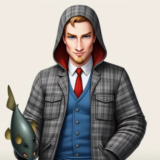 plaid, fish, simple background, necktie, male focus, jacket, solo, blue dress, hood