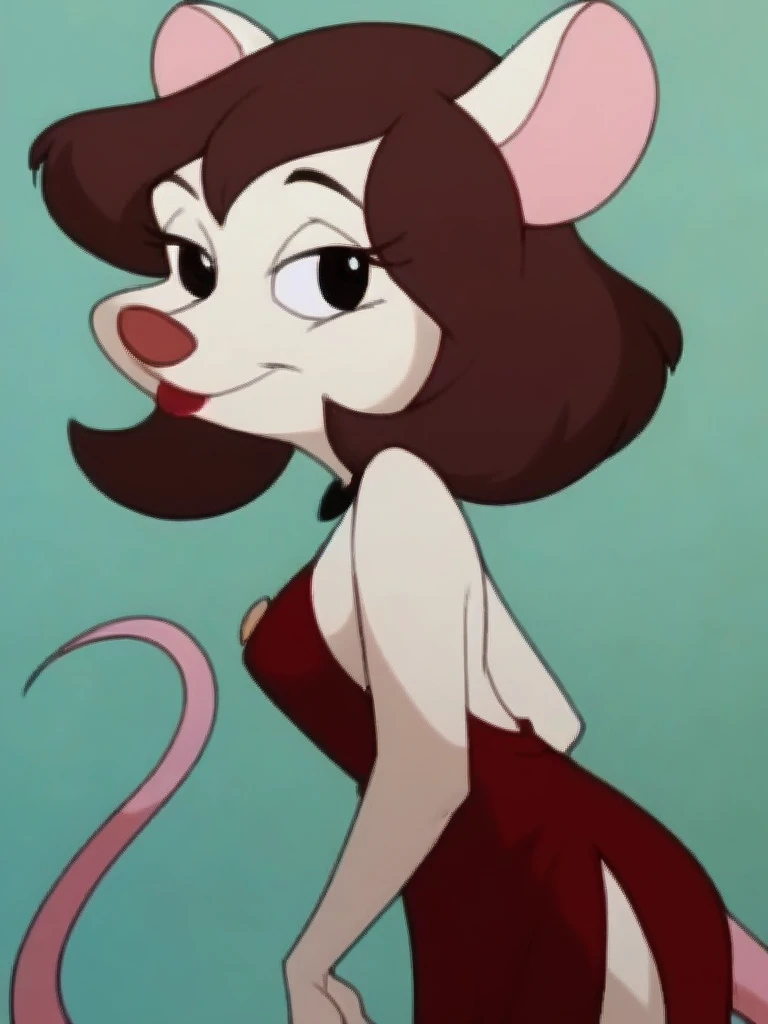 score_9, score_8_up, score_7_up, score_6_up, score_5_up, score_4_up, Mousey_Galore, red dress, backless dress, side slit, detailed face, detailed eyes, detailed background, <lora:mousey-galore-v1:1>