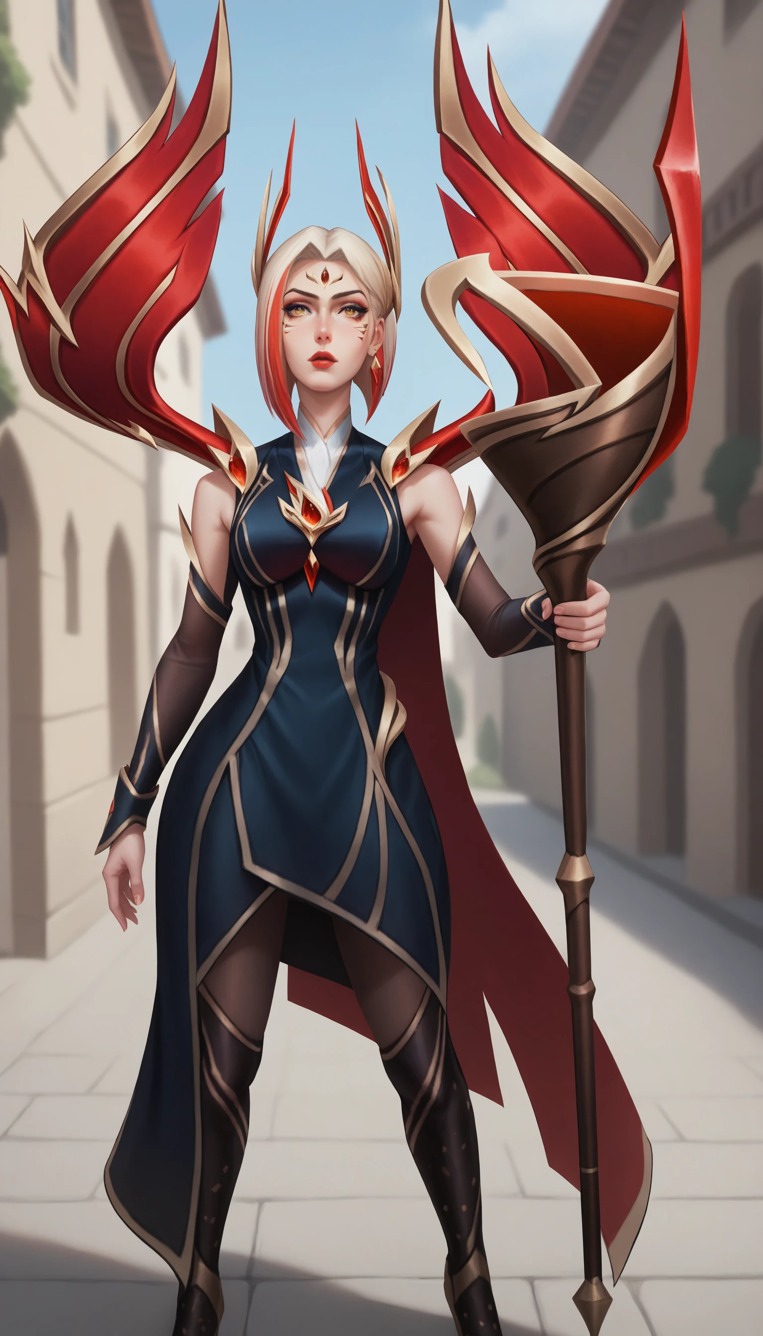 score_9, score_8_up, score_7_up, (masterpiece, best quality),
(1girl, solo), village,
risen legend leblanc, detached see-through black sleeves, pantyhose, two-tone hair, blonde hair, red hair, short hair, hair ornament, yellow eyes, black sleeveless dress, forehead jewel, red wings, bare shoulders, lips, makeup, facial mark, red lips, golden high heels,
cape, red cape, black knee boots,
holding staff,