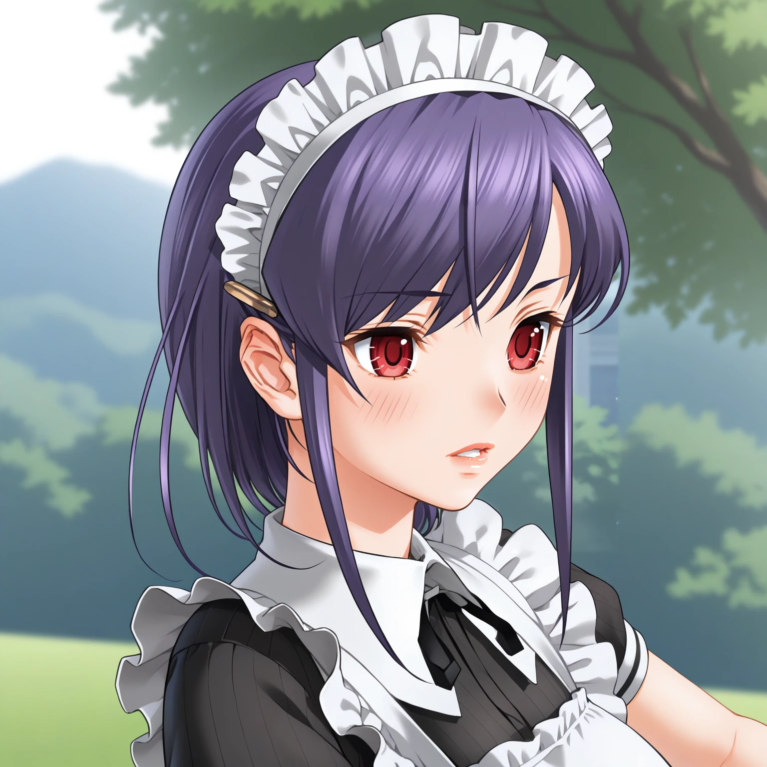 <lora:MJD_HitotsukaneYuukoOliverXLpony005>,
outdoors,
blush,parted lips,
solo,
HitotsukaneYuukoOliver,1girl,purple hair,middle hair,hairclip,red eyes,
maid headdress,
maid,short_sleeves,maid_apron,
upper body,profile,