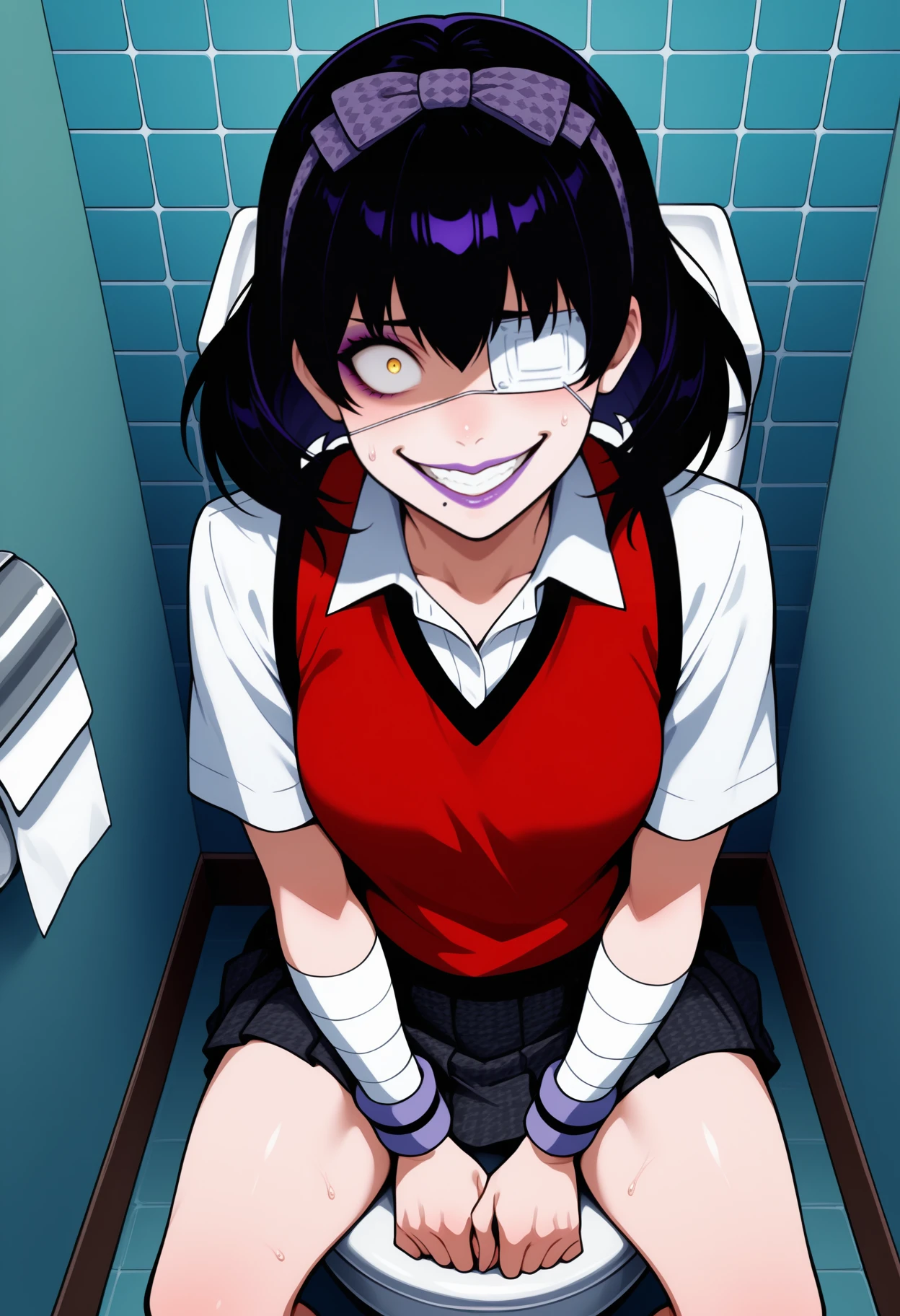 masterpiece, best quality, <break> solo, 1girl, ikishima midari, makeup, purple lips, sweat, crazy smile, teeth, looking at viewer, sitting, toilet, short hair, black hair, hairband, yellow eyes, constricted pupils, medical eyepatch, school uniform, red sweater vest, white shirt, black skirt, pleated skirt, houndstooth, wristband, bandages, bandaged arm, indoors, tile wall
<segment:yolo-face_yolov8m.pt,0.4,0.5//cid=1>