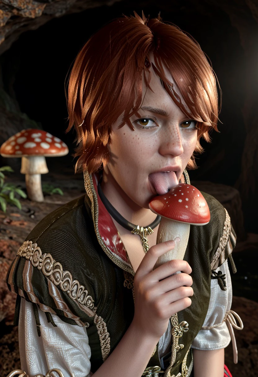 score_9, score_8_up, score_7_up Shani Witcher 3 freckles mole on chin up close looking at viewer  carefully exploring, ancient cave holding in her hand a small glowing mushroom licking the mushroom