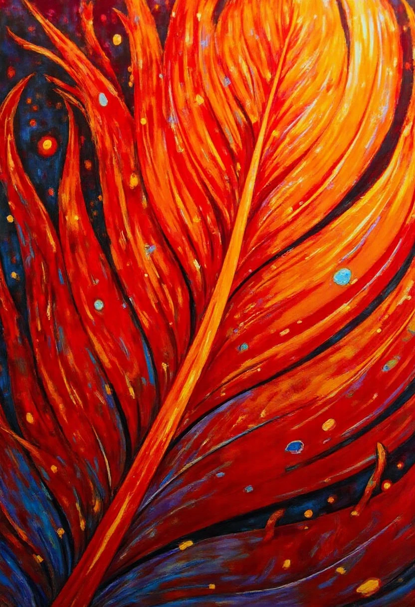 Fauvism Facilitator,  Illustrate an extreme close-up of a phoenix feather, showing its fiery colors transitioning from deep crimson at the base to glowing orange and yellow at the tip. Tiny, flame-like wisps rise from the feather, and faint embers seem to float in the background. Each barb and barbule is finely detailed, giving the feather a vivid, almost tactile texture, as if itâs burning with a life of its own. This image evokes the intensity and mystique of legendary creatures, styled as a hyper-realistic nature photograph.