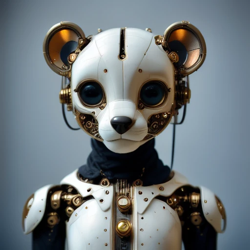 metallic details and a glossy finish that suggests a high-tech, and organic blend of materials. The head is shaped like a bear's, expressive blue eyes that dominate the composition, black eyes that are reminiscent of a cartoon character. The eyes are made of a dark, humanoid robot with a cat's head. The robot's face is elongated, glowing blue circuits and lenses suggesting advanced technology., and black, blending seamlessly into its robotic form., almost porcelain-like skin, gold accents. The head is the most detailed part, resembling a white polar bear, CGI-rendered portrait of a humanoid robot designed to resemble a bear. The robot's head and torso are depicted with a sleek, gold-colored mechanical components and wires visible, brass-colored mechanical components and wires. Its head is designed to resemble a mouse, photorealistic CGI style. The cat's head is depicted from two angles, giving it a steampunk-inspired appearance., black, intricate, giving it a curious