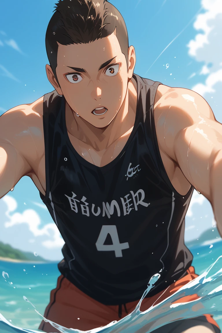 score_9, score_8_up, score_7_up, source_anime, rating_questionable, day, natural lighting, summer theme, water, water droplet, water splash, ocean horizon, male focus, leaning forward, looking down at viewer, surprised, YamamotoHU, black_YamamotoHU_hair, brown_YamamotoHU_eyes, parted lips, summer clothes, wet clothes, black tank top, 1boy, blurry outdoors, scenery, from below, dutch angle, intricately detailed illustration, atmospheric perspective, depth of field