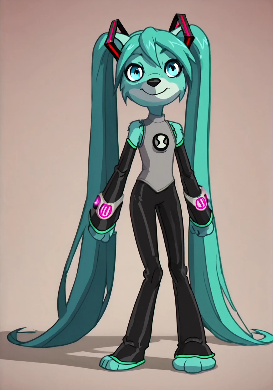 score_9, score_8_up, score_7_up, screencap, furry hatsune miku,  portrait, cyan background, shadow,  <lora:androjuniarto:1>  <lora:ben10-08:1> ben10, solo,  full body, bodysuit, badge,detailed background,  ,  hatsune miku, miku