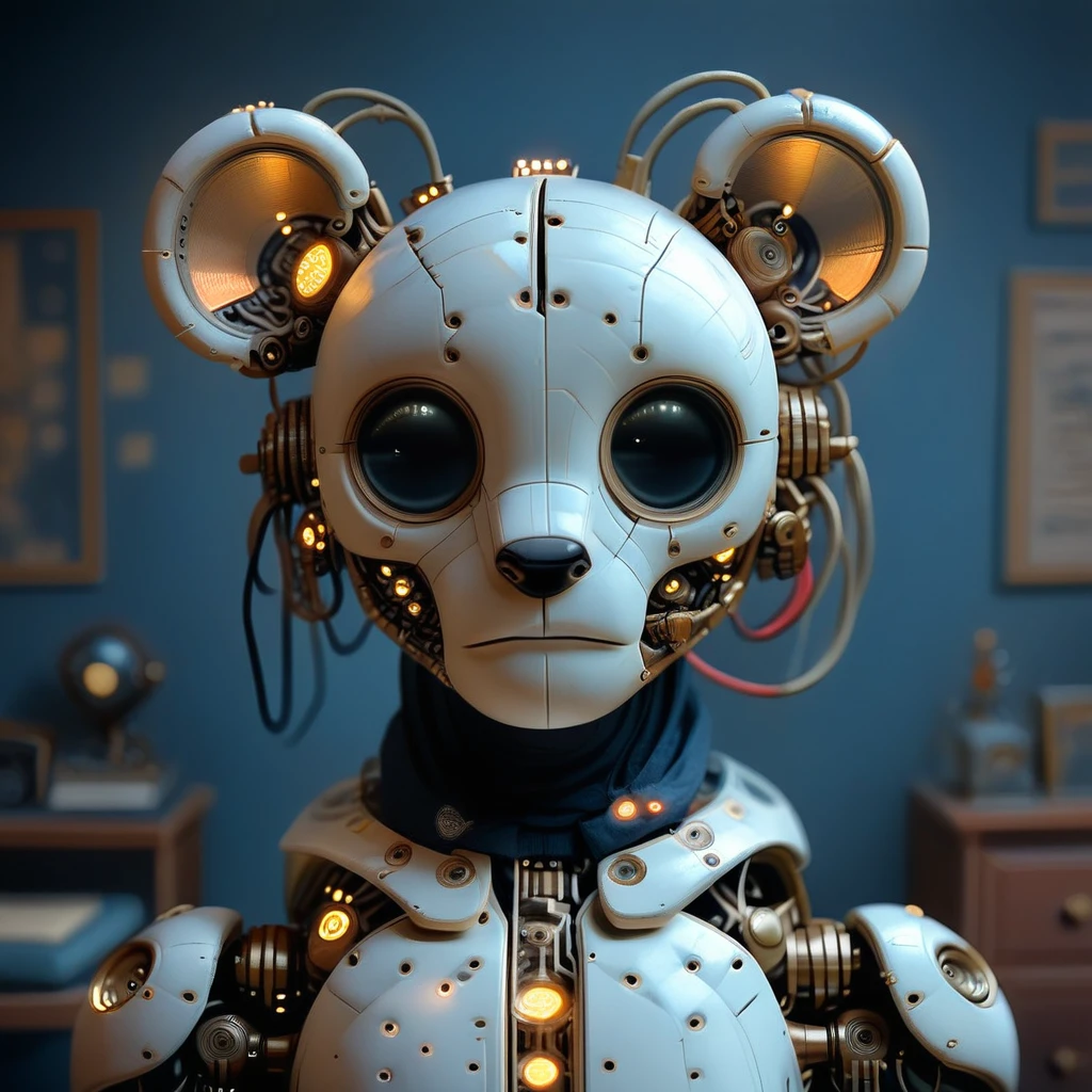 glowing circuitry and wires exposed across its chest and arms., metallic, wire, golden filigree, rounded surfaces, CGI-rendered portrait of a humanoid robot bear. The bear's head and upper body are depicted in a futuristic, adding to the eerie, 1other, mechanical parts, CGI-rendered image featuring a futuristic, photorealistic CGI artwork depicting a futuristic, and transparent, sleek, indoors, giving it an unsettling, non-humanoid robot, giving it a sleek, giving it a somewhat eerie, robot joints