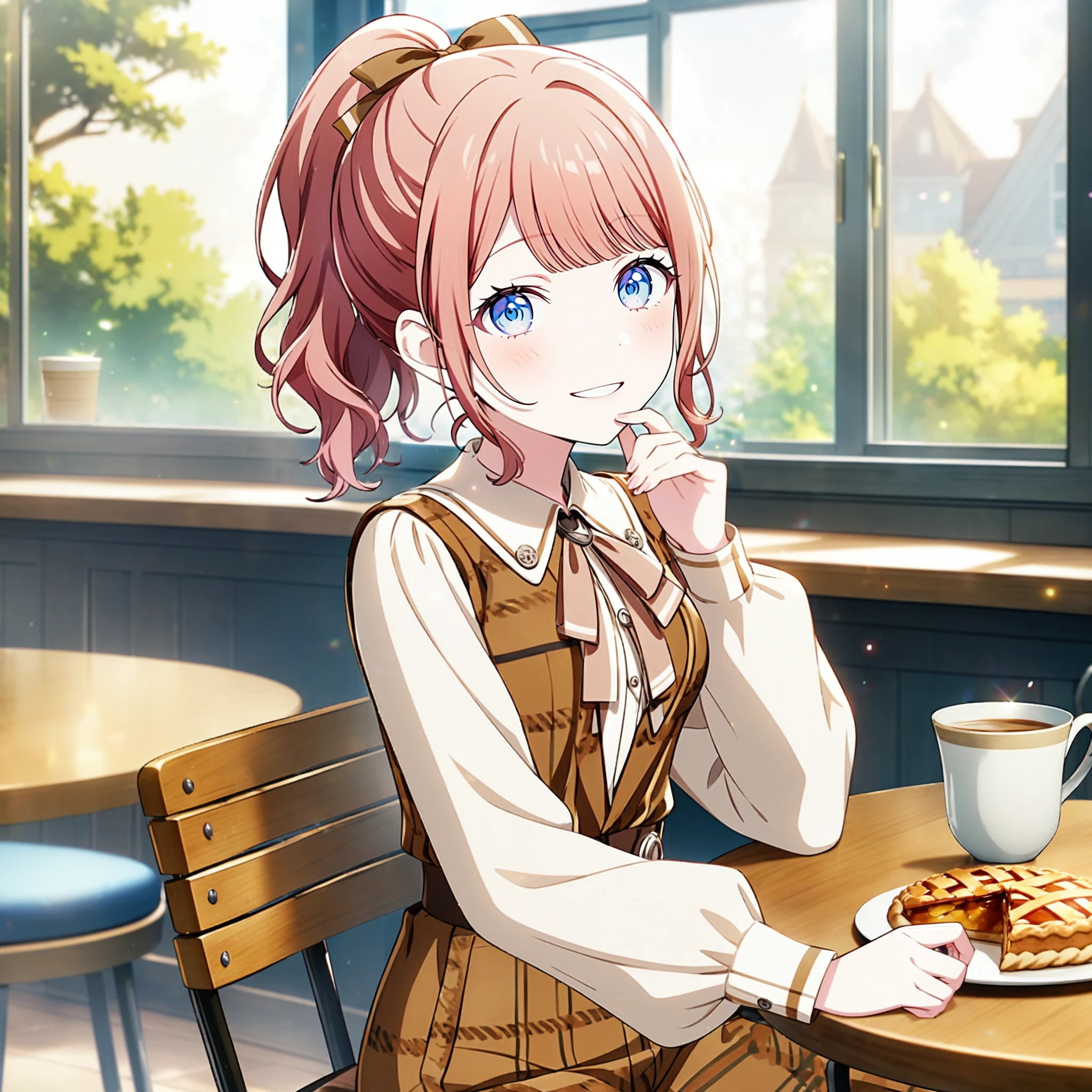 1girl, mochizuki honami, project sekai, masterpiece, very aesthetic, absurdres, official art,
overalls style, (long hair:1.2), brown hair, ponytail, blue  eyes, (blunt bangs:1.2), 
(looking at viewer:1.4), smiling, sitting, BREAK
long sleeves, ribbon, hair ribbon, brown dress, plaid, plaid pants, plaid vest,
in cafeteria, cups and saucers, bar counter, large window, trees, table, chair, apple pie, 
 <lora:sdxl-leo-EnjoyMusicHn01:0.9:lbw=0,0,0.2,0.2,0,0.4,0.4,0,0.8,0.8,0,0,0,0.8,0.8,0.6,0.8,0.0,0.0,0.0,0,0,0,0,0,0>