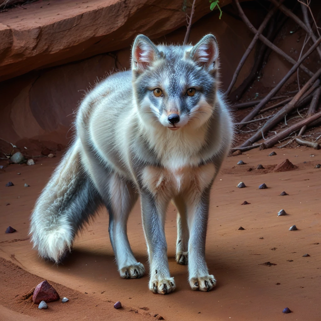 incredibly absurdres,solo,photorealistic,arcticfoxsmm,gray fur,multicolored fur,feral,detailed background,looking at viewer,outdoors,standing on ground <lora:Foxes_-_Multiple_Species:1>,