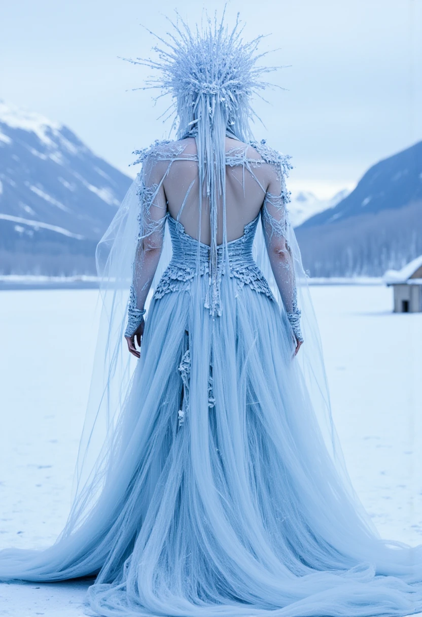 masterpiece,best quality,dress,full body, 1girl,queen, WATCHING TV IN THE ICE, ICE MOUNTAINS BACKGROUND,FRONT VIEW . qeice  <lora:FLUX_QEICE_LoRA:1>