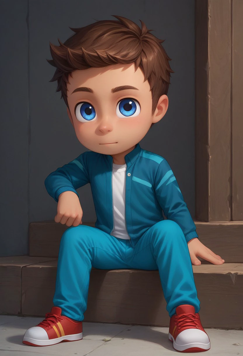 score_9, score_8_up, score_7_up, highly detailed, cute boy, 1boy, solo,  Connor, Brown Hair, Blue Eyes, Blue Jacket, White Shirt, Blue Pants, Red Shoes