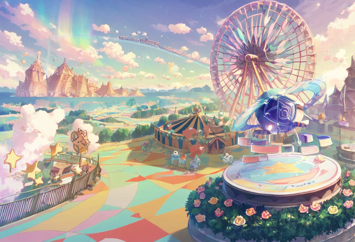 score_10, score_9, score_8, wonderland_sekai, from above, landscape, colorful, (ferris wheel:0.3)