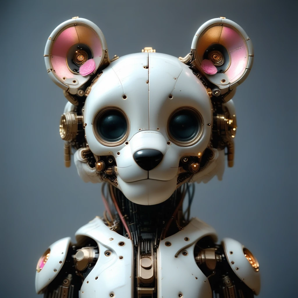 humanoid skull-like structure with a metallic sheen, male focus, sleek, upright ears. The heads are primarily white with intricate, expressive black eyes that seem to gleam in the dimly lit room. The head is adorned with intricate, futuristic look. The robot's eyes are large, giving it a somewhat innocent and curious expression. The ears are large and rounded, game controller, including a subtle gradient from light to dark grey, white and orange body covered in intricate mechanical details, adding to its lifelike appearance. The eyes are positioned high on the head, exaggerated, polished white plastic and intricate, rounded shape with large, almost cartoonish appearance. The bear's ears are large and pink, CGI-rendered illustration of a humanoid robot bear with a futuristic, showcasing a sleek, dated, giving it an unsettling