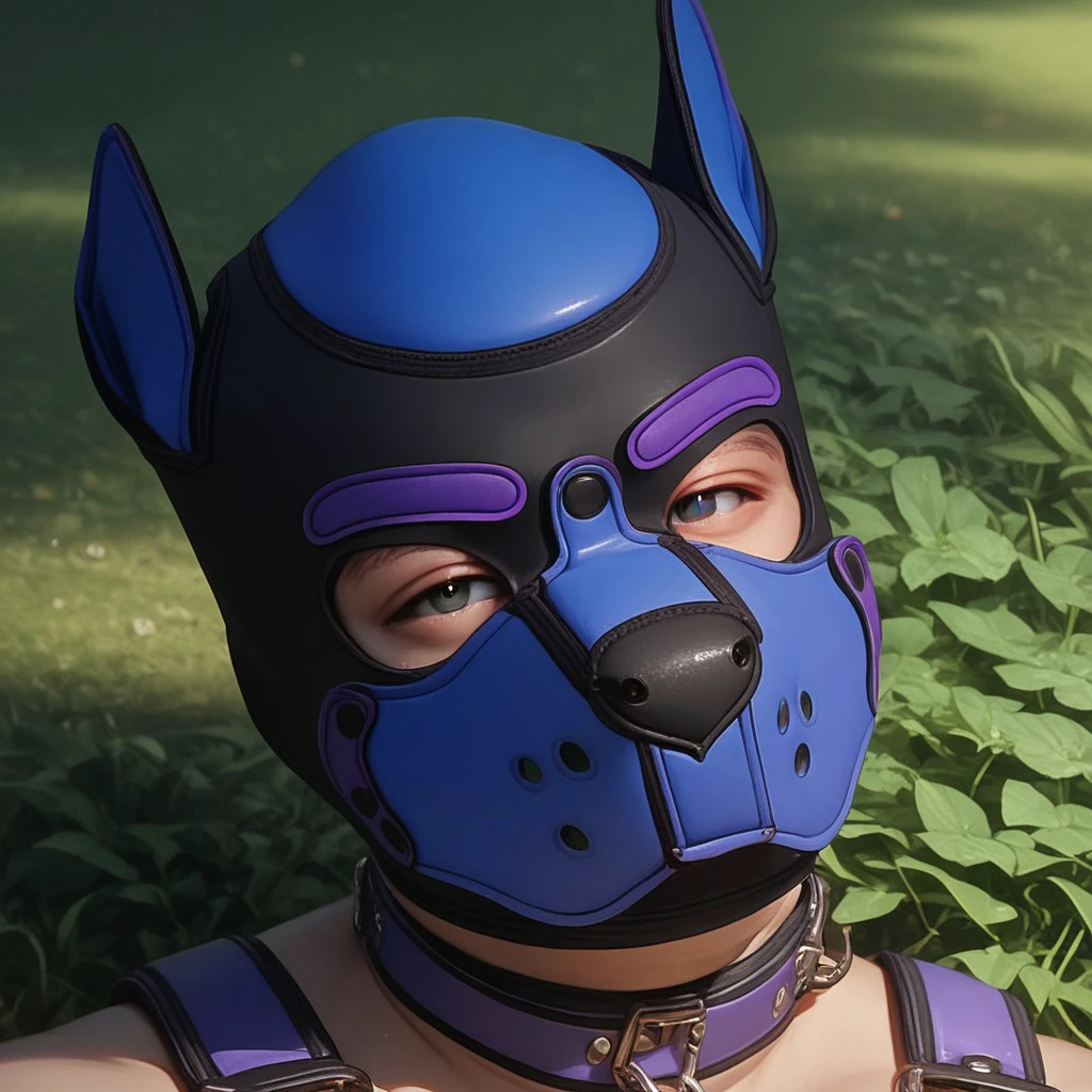 score_9, score_8_up, score_7_up, score_6_up, score_5_up, score_4_up, source_human
anthro, ((1boy, solo)), portrait, (purple Pup hood, pup mask), harness
BREAK
detailed background, park background,