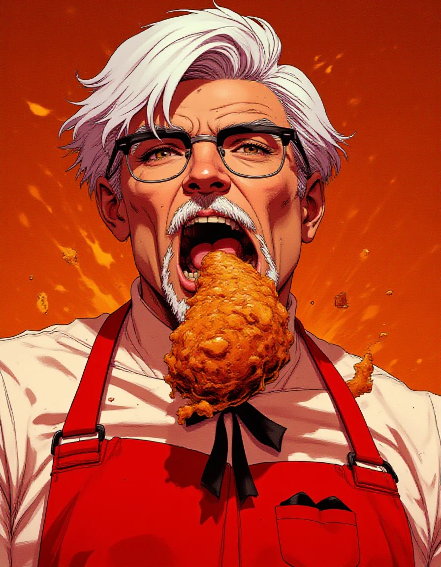 colonel-sanders, Comic book style, he has a piece of fried chicken clenched between his teeth with an intense expression on his face, wearing glasses and a white shirt under a red apron  <lora:colonel-sanders_000003800:0.8> <lora:Comic book V2 [TW is Comic book style; use 1.5 strength]:1>