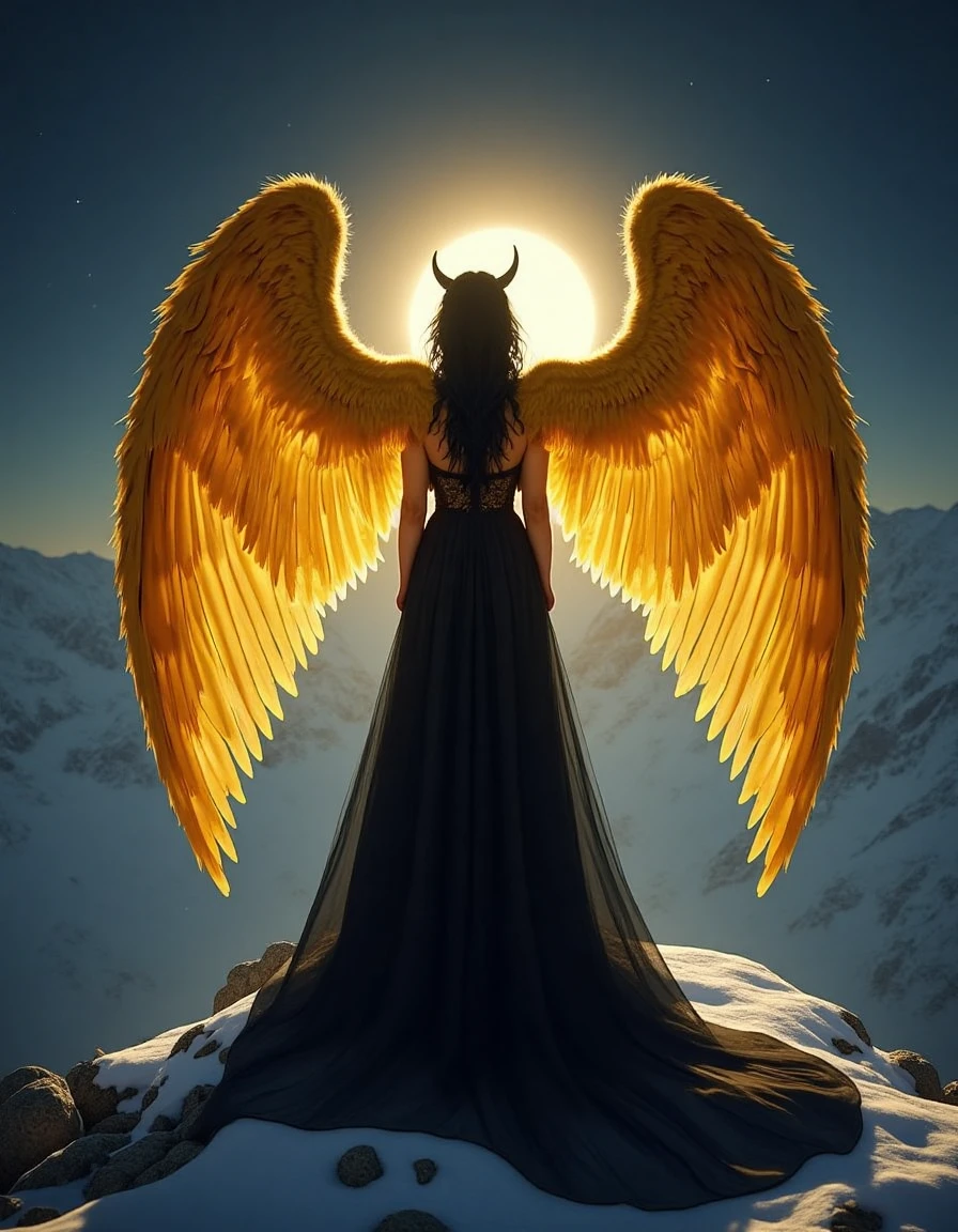 an demonic woman with golden angel wings facing away from camera stood on the peak of a snowy mountain, her arms out wide, an ethereal glow surrounds her lighting the dark night, she's, her dress is black latex