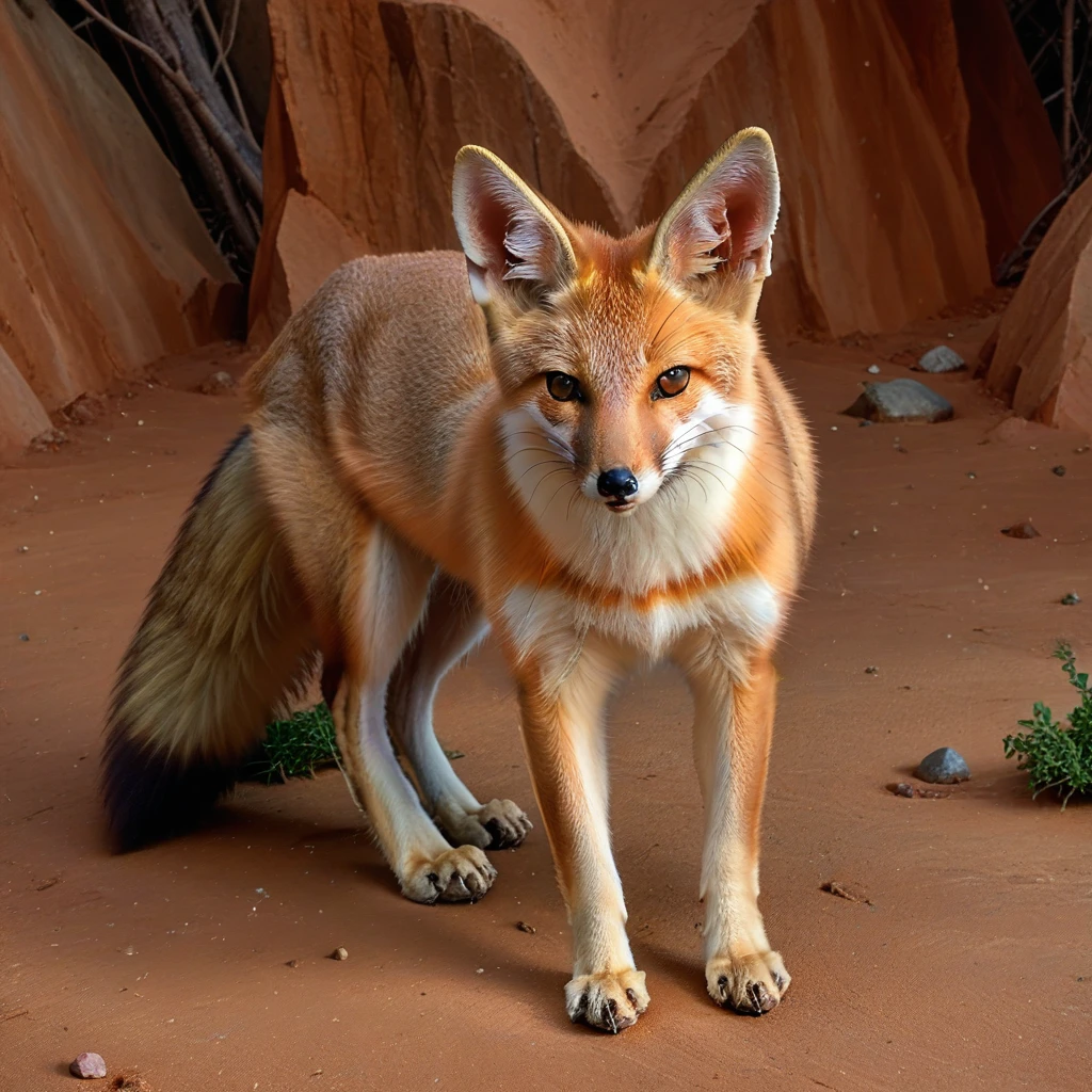 incredibly absurdres,solo,photorealistic,swiftfox,light orange fur,multicolored fur,small head,small,small ears,feral,detailed background,looking at viewer,outdoors,standing on ground,<lora:Foxes_-_Multiple_Species:1>,