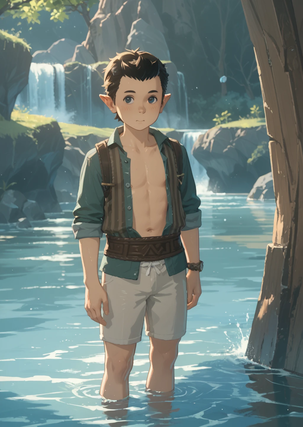 score_9, score_8_up, score_7_up, score_6_up, score_5_up, score_4_up, sasan, trunks, open shirt, showing off, standing in water, river, __expression-50__ <lora:Finley__Sasan_Breath_of_the_Wild_PonyBounty-000012:0.8> finsasan, sasan, hylian