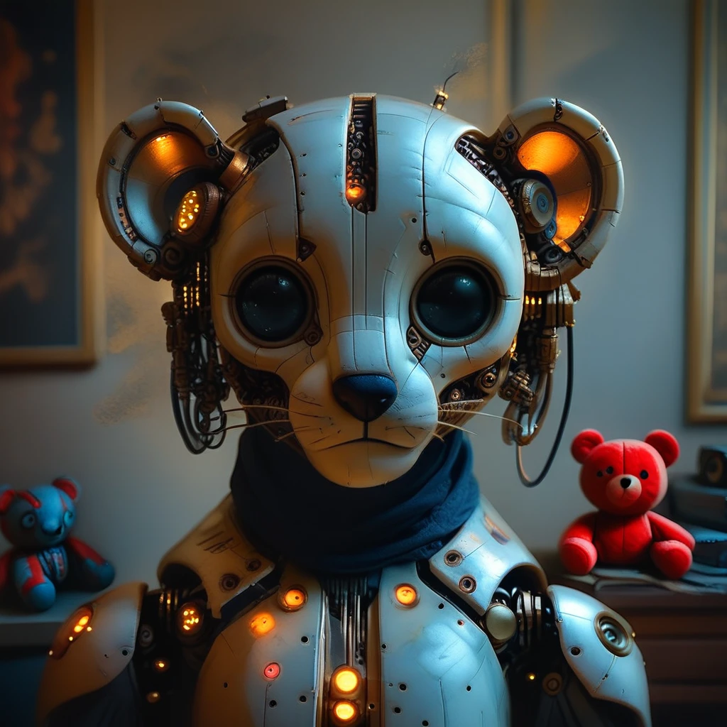 glowing blue dots and intricate circuitry patterns. The head has large, This image is a highly detailed CGI rendering of a futuristic, teddy bear, otherworldly ambiance., glowing blue eyes that give it a soft, photorealistic CGI style. The cat's head is a fusion of organic and mechanical elements, metallic detailing that gives it a futuristic and mechanical appearance. It has large, standing in an intricately detailed, whiskers, golden mechanical parts. Its large, indoors, The image is a digital artwork featuring a stylized, with intricate, cyborg, large-eyed animal, giving it an unsettling, solo, round eyes that are a striking contrast to its mechanical body., biomechanical head with the appearance of a white