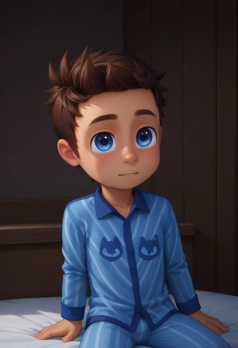 score_9, score_8_up, score_7_up, highly detailed, cute boy, 1boy, solo,  Connor, Brown Hair, Blue Eyes, Blue Pajamas