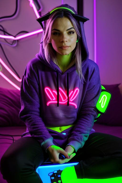 DEN_utahjaz_OF,
(sitting at a computer wearing headphones and playing games (holding a controller:1.2) wearing a (hoodie:1.2) in a (neon lit room:1.3), (gamer:1.2), gaming, (gamer girl:1.3), games, (purple lighting, neon:1.2):1.1),
bokeh, f1.4, 40mm, photorealistic, raw, 8k, textured skin, skin pores, intricate details <lora:epi_noiseoffset2:1>, epiCRealism DEN_utahjaz_OF